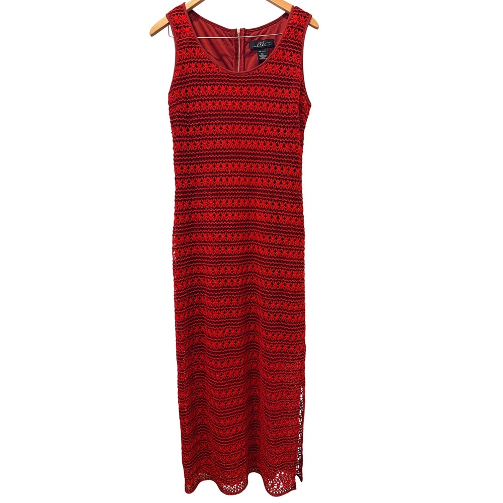 Hippie Festival Boho Western Red Crochet Sleeveless Maxi Dress Sz M Side Slit